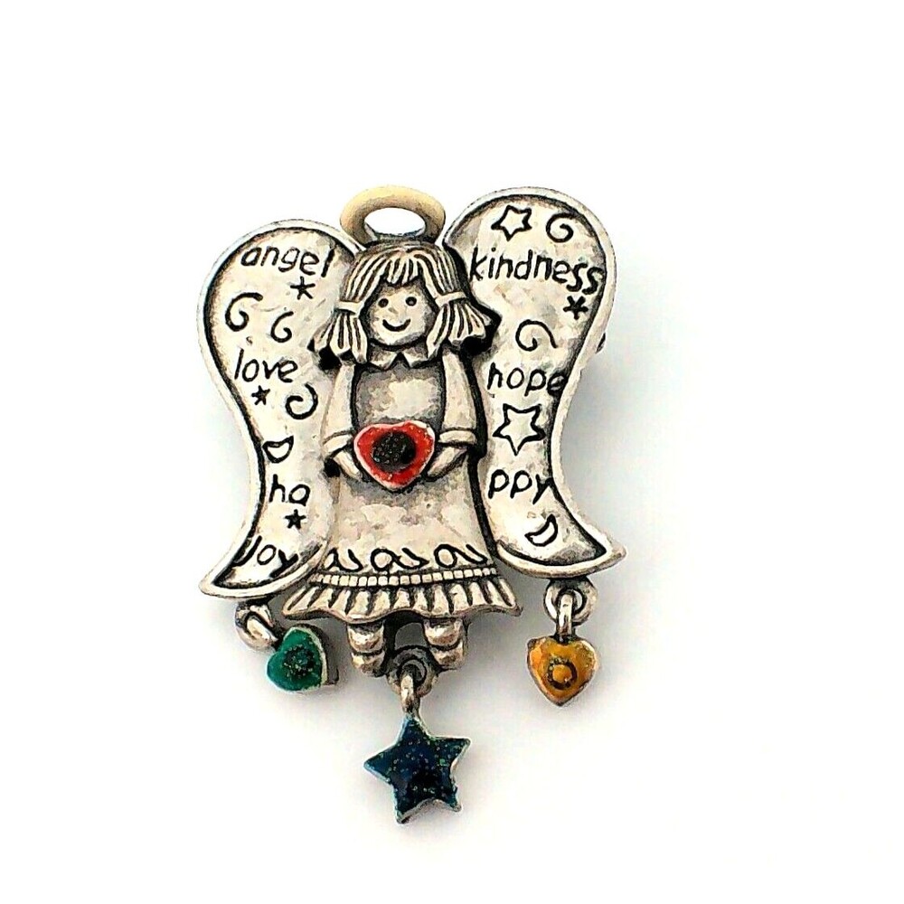 VTG Christmas Angel Brooch Lapel Pin Enamel Dangle Heart Star Silver 1.5 x 1.25